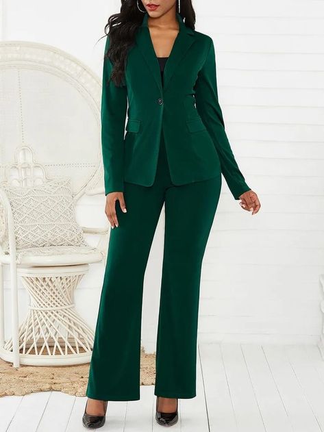 velvet 2 piece suits Suit Styles For Ladies, Womens Professional Suits, Suit Styles, Metallic Leggings, Green Suit, Solid Leggings, Long Sleeve Blazers, Pocket Dress, Skirts With Pockets