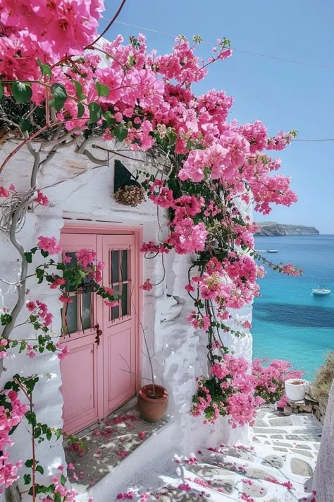 Pink Wallpaper Iphone Flowers, Greece Pink Aesthetic, Pink Bougainvillea Aesthetic, Pink Greece Aesthetic, Wallpaper Iphone 2024, Character Flower House Vibe, Santorini Buildings, Santorini Greece Aesthetic Wallpaper, Greece Backgrounds