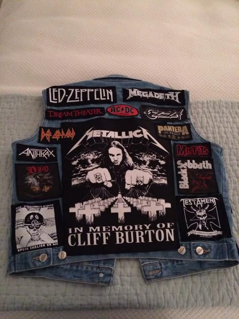 The back of my finished battle jacket m/ Metallica Battle Jacket, Back Of Battle Jacket, Metalhead Battle Jacket, Battle Jackets Metal, Battle Jacket Ideas Metal, Battle Jacket Back Patch, Battle Jacket Patches, Metalhead Jacket, Battle Vest Ideas