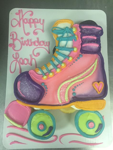 Roller Skating Cupcake Cake, Skate Cakes Ideas, Skate Cupcake Cake, Roller Skate Shaped Cake, Roller Skates Cupcakes, Roller Skating Birthday Cake Ideas, Skate Party Cupcakes, Roller Skate Sheet Cake, Skate Party Cake Ideas