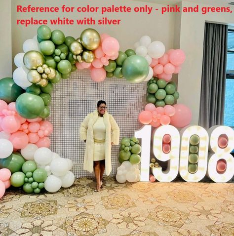 Pink Green Silver Party Decor, Pink Green Gold Balloon Garland, Pink And Green Luncheon, Alpha Kappa Alpha Graduate Chapter, Pink And Green Event Decor, Aka Party Decorations, Pink And Green Backdrop, Aka Balloon Decor, Pink And Green Balloon Arch