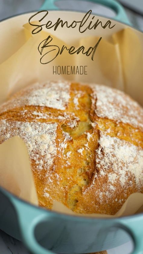 This crusty bread made from semolina flour is one of my favorite breads to bake at home. This no-knead bread is very easy to make and therefore beginner friendly. The golden crispy crust and the moist pale yellow crumb give this bread a unique appetizing look and its flavor is an absolute delight! #dutchoven #dutchovenbread #baking #homemadebread #artisanbread #semolinarecipes #easyrecipes #veganbread #vegan #vegetarian #lactosefree #breadwithyeast #sides #snacks #sandwhich #crustybread Recipes With Semolina Flour, Semolina Flour Recipes, Husband Recipes, Farmers Bread, Semolina Bread Recipe, Semolina Bread, Artisanal Bread, Yeast Free Breads, Semolina Flour