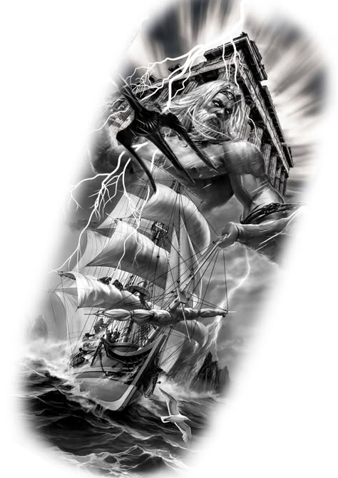 Greek Mythology Tattoo Design, Zee Tattoo, Ship Tattoo Sleeves, Voll Arm-tattoos, Nautical Tattoo Sleeve, Greek God Tattoo, Poseidon Tattoo, Zeus Tattoo, Greek Mythology Tattoos