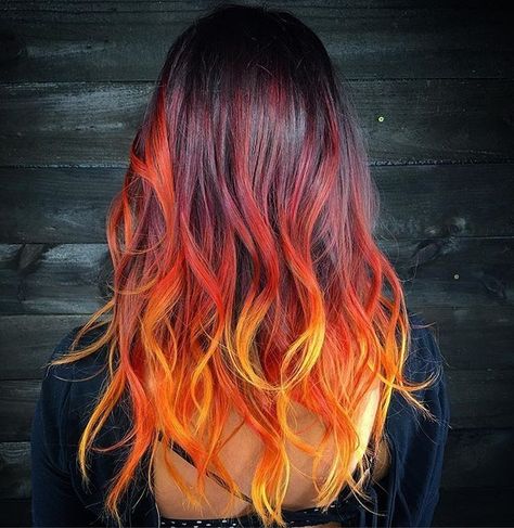 Fire Ombre Hair, Fire Hair Color, Sunset Hair Color, Flame Hair, Dyed Hair Ombre, Sunset Hair, Red Ombre Hair, Fire Hair, Hair Color Unique