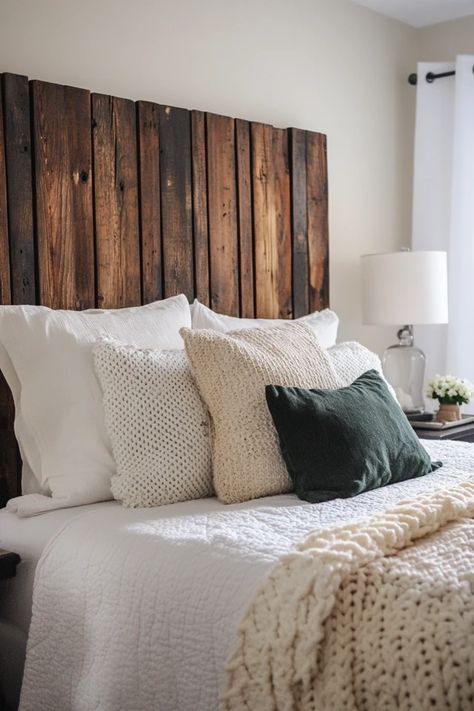 "Create a rustic retreat with a DIY Reclaimed Wood Headboard! 🛏️🛠️ Ideal for adding character and warmth to your sleep space. 🌟✨ #DIYFurniture #Woodworking #BedroomInspiration" Diy Headboard Rustic, Diy King Size Headboard Wood, Palet Headboard, Fake Headboard Ideas, Fake Headboard, Barn Wood Headboard, Diy King Size Headboard, Wood Headboard Bedroom, Rental Diy