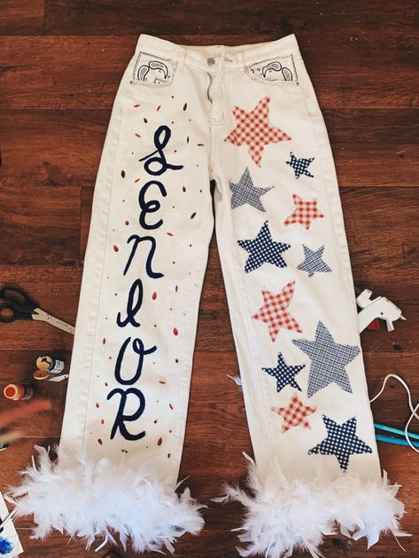 red white and blue, homecoming, senior year, homecoming jeans, senior jeans, Senior Jeans With Fringe, Senior Jean Inspiration, Painted Jeans College, Senior Homecoming Jeans, Senior Denim, Senior Pants Ideas, Senior Jeans Painted, Homecoming Jeans Ideas, Senior Clothes