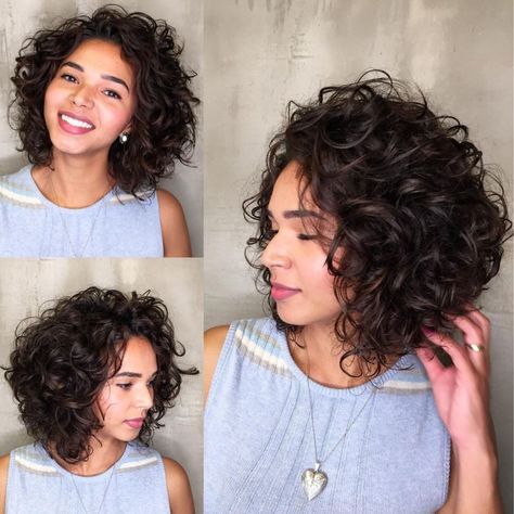 65 Different Versions of Curly Bob Hairstyle Short Hairstyles For Thick Curly Hair Round Faces, Curly Hair Angled Bob Mid Length, Medium Length Curly Bob, Angled Curly Bob, Body Perms, Short Thick Curly Hair, Curly Hair Cuts For Round Faces, Naturally Wavy Bob, Curly Layered Bob