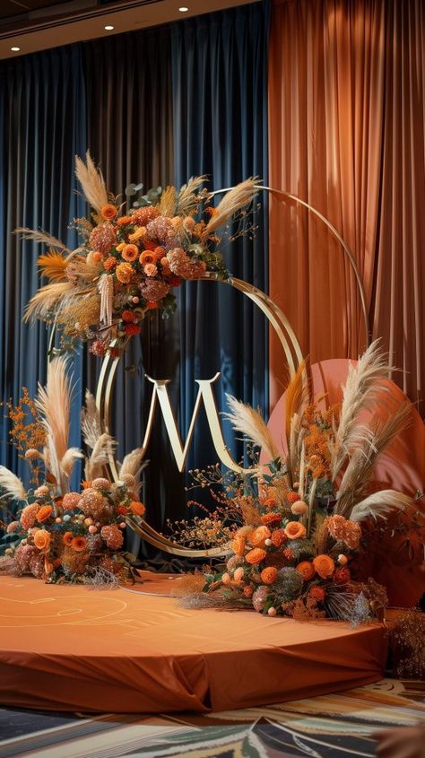 Wedding Colors Teal And Orange, Royal Wedding Centerpiece Ideas, African Wedding Centerpieces, Western Wedding Theme Ideas, Royal Blue And Orange Wedding Theme, Dark Teal And Rust Wedding, Sunset Wedding Theme Decoration, Navy Blue And Burnt Orange Wedding Cake, Copper Centerpiece Wedding