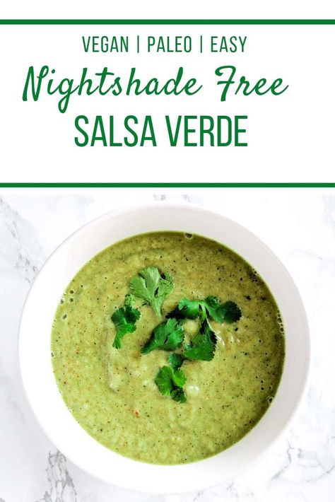 A vegan, paleo nightshade free salsa that uses cucumbers and onions instead of tomatillos and chilies. A super simple recipe that all salsa lovers can enjoy. #cleanfamilyeating #nightshadefreesalsa #salsaverde #paleosalsa Nightshade Free Enchiladas, Onion Free Recipes, Nightshade Foods, Nightshade Recipes, Keto Salsa Recipe, Aip Condiments, Aip Sauces, Nightshade Vegetables, Nightshade Free Recipes