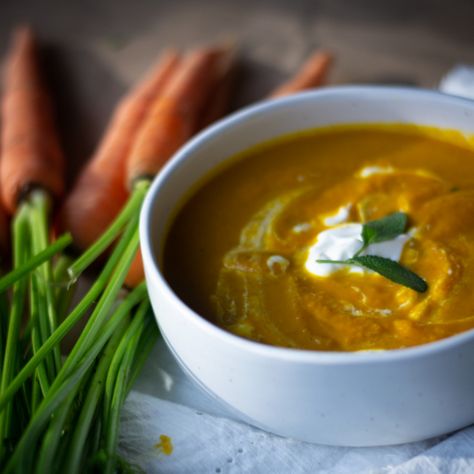 Carrot Kale Soup, Kale Carrot Soup, Roasted Carrot Ginger Soup Recipe, Roasted Red Pepper And Carrot Soup, Carrot Apple Ginger Soup, Sage Soup, Carrot Cumin Soup, Sage Recipes, Happy First Day Of Fall