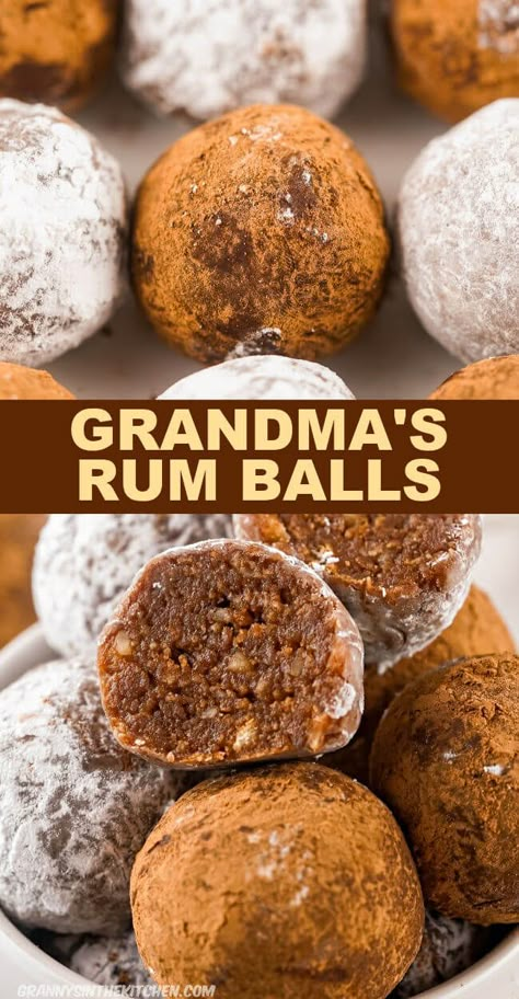 Rum balls are rich, bite-sized truffles made with crushed cookies, cocoa powder, nuts, and of course, RUM! The mixture is rolled into balls and coated in chocolate or powdered sugar. Rum balls are a traditional holiday treat known for their boozy taste and moist texture. They are similar to bourbon balls, but instead of smokey whiskey, they have sweet rum flavors. Rumballs Recipe, Boozy Balls, Drunken Desserts, Rum Balls Recipe, Bourbon Balls, Classic Cookies Recipes, Rum Balls, Rum Raisin, Boozy Desserts