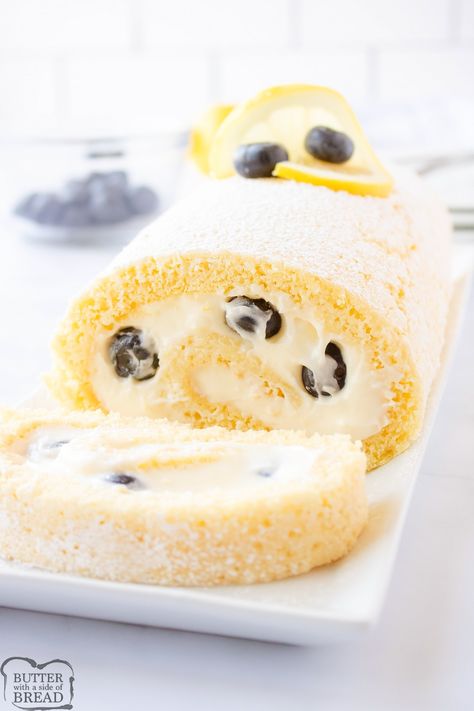 BLUEBERRY LEMON CAKE ROLL - Butter with a Side of Bread Blueberry Cake Roll, Lemon Cake Roll, Lemon Roll, Smoked Meatloaf Recipe, Lemon Blueberry Cake, Italian Cream Soda, Swiss Roll Cake, Homemade Bread Recipes Easy, Blueberry Lemon Cake