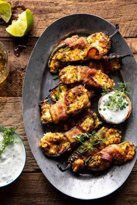 Bacon Wrapped Cheddar Corn Jalapeño Poppers | halfbakedharvest.com Oven Fried Zucchini, Cheddar Corn, Half Baked Harvest Recipes, Bacon Wrapped Dates, Jalapeño Poppers, Harvest Recipes, Summer Appetizer, Half Baked, Half Baked Harvest