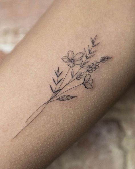 Bouquet Of Flowers Tattoo Wrist, Wildflower Tattoo Outline, Girly Simple Tattoos, Inner Arm Flower Bouquet Tattoo, Birth Flower Bunch Tattoo, Fine Line Flower Hand Tattoo, Floral And Butterfly Tattoo Design, Small Wildflower Bouquet Tattoo, February Flower Bouquet Tattoo