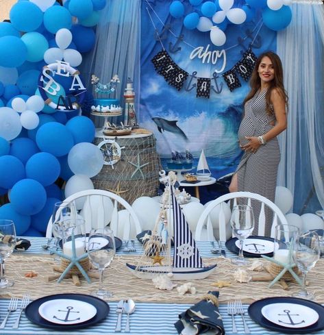 Shark Baby Shower Ideas, Sailor Wedding, Shark Baby Shower, Anchor Theme, Beach Baby Showers, Surprise Baby Shower, Ahoy Its A Boy, Nautical Themed Party, Sea Baby Shower