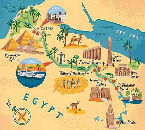 Ancient Egypt Map, Map Illustrations, Egypt Poster, Egypt Map, Ancient Artefacts, Illustrated Maps, Map Illustration, Art Deco Illustration, Map Travel