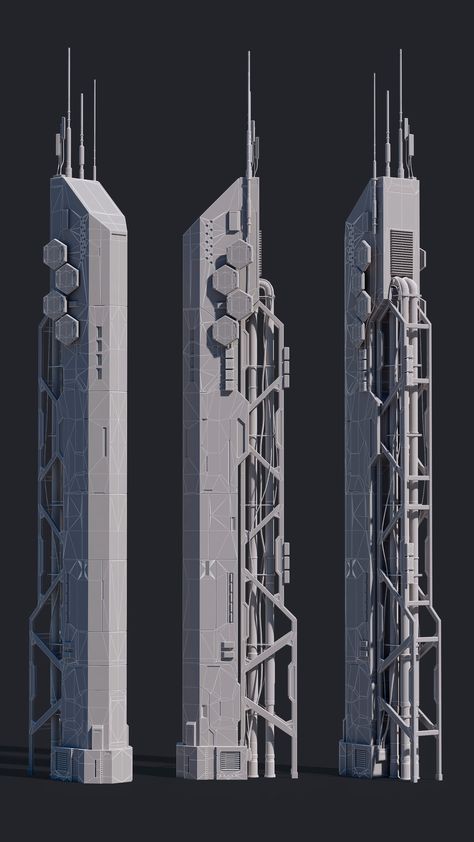 ArtStation - Sci-Fi Building 005 Industry Scifi Megastructure, Futuristic Skyscraper Concept, Sci Fi Architecture Concept, Future Building Concept, Sci Fi Minecraft, Sci Fi Tower, Minecraft Sci Fi Builds, Cyberpunk Tower, Sci Fi Environment Concept Art