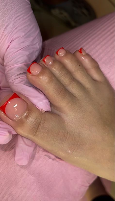 Toe Nails Ideas French Tip, Red French Tip Nails Pedicure, Red And Black Acrylic Nails Designs Prom, Cherry French Tip Toes, Red French Tip Nails Black Women, Red Pedicure Designs, Red Tip Toe Nails, Red Toes With Design, Christmas Toes Pedicure Ideas Winter