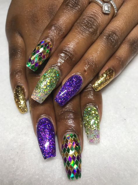 Mardi Gras #purple #gold #mardi #gras #mardigras #pittsburgh #nails #green #nail #acrylic Purple Green And Gold Nails, Mardi Gras Fingernails, Mardi Gras Nails Acrylic, Mardi Gras Nails Ideas, New Orleans Nails, Mardi Gras Nail Designs, Mardi Gras Nails Design, Nails Acrylic Green, Green And Purple Nails