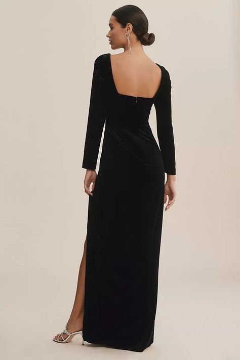 Winter Wedding Dress Guest, Black Tie Optional Dress, Pegged Skirt, Black Tie Wedding Guest Dress, Winter Wedding Guest Dress, Black Tie Wedding Guests, The Rachel, Velvet Gown, Long Sleeve Evening Dresses