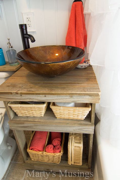 Fence Board Sink Stand from Marty's Musings Pallet Bathroom Vanity, Diy Bowl Sink, Table Bathroom Vanity, Repurposed Wood Projects, Dresser Vanity Bathroom, Pallet Bathroom, Diy Sideboard, Bathroom Vanity Remodel, Table Bathroom