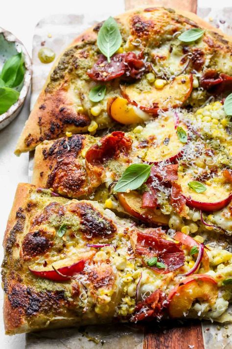 Chicken Afritada Recipe, Pesto Corn, Pizza With Pesto, Summer Pizza, Dishing Out Health, Prosciutto Pizza, Pizza Ideas, Pesto Pizza, Making Homemade Pizza