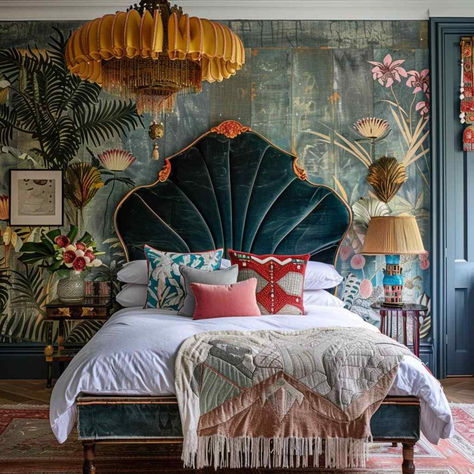 27 Fusion Bedrooms Blending Eclectic Aesthetics Seamlessly Modern And Eclectic Decor, Unique Airbnb Interior, Eclectic Headboard Ideas, Haute Eclectic Interior, Bold Eclectic Bedroom, Unique Bedroom Colors, Creative Airbnb Ideas, Art Deco Bed Headboard, Interior Designer Bedroom