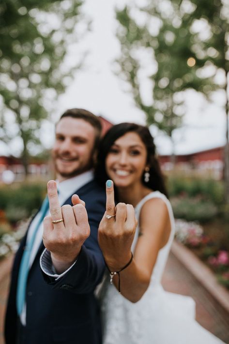 Micro Wedding Photo Ideas, Wedding Ring Finger Flip Off, Fun Wedding Day Photo Ideas, Ring Wedding Photos, Wedding Photo Ideas Rings, Wedding Ring Poses, Ring Finger Wedding Picture, Ring Poses, Ring Shots Wedding