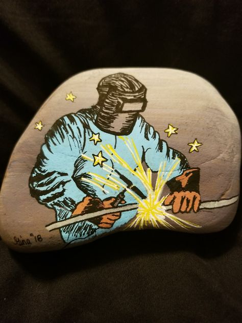 Welder rock painting Welder Painting, Welder Cartoon Drawing, Welder Wings Art, Welder Boyfriend, Women Welder Pictures, College Projects, We Rock, School Projects, Rock Art