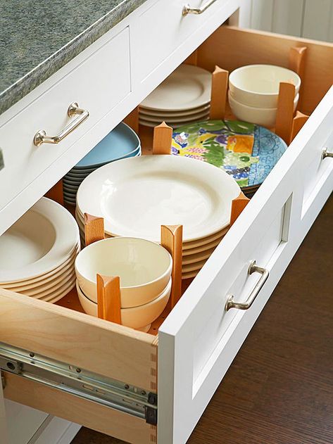 Not only do I love how organized these drawers are, but I am a big fan of keeping plates and bowls low so my kids can reach them - and put them away! Kitchen Drawer Organization, Diy Kitchen Storage, Kitchen Cabinet Organization, Drawer Organizers, Kitchen Drawers, Custom Cabinetry, Room Organization, Diy Kitchen, Diy Storage