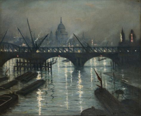 Paintings of London on Twitter: "'City of London from Waterloo Bridge' || 1934 || Christopher RW Nevinson (Private collection) https://t.co/Gp9KgZPTYg" / Twitter Christopher Nevinson, John Atkinson Grimshaw, Atkinson Grimshaw, Waterloo Bridge, Turned Art, British Artists, Moonlight Painting, London History, City Of London