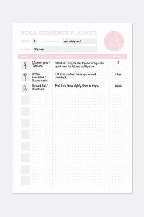 Yoga sequence planner - Personalised yoga class planner - Printable yoga sequencing planner | Printable Planner by  Michael Myrick Yoga Class Sequence Template, Yoga Class Plan Template, Yoga Flow Chart, Yoga Planner, Yoga Class Plan, Yoga Sequencing, Class Planner, Yoga Ideas, Yoga Flow Sequence