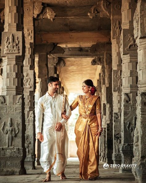 Wedding Couple Poses Temple, Tamil Temple Wedding, Telugu Wedding Couple Poses, Telugu Groom Outfit, South Indian Wedding Poses Couple Photos, Tamil Groom Outfit, Telugu Groom Wedding Dress, Hampi Photoshoot, Temple Wedding Indian