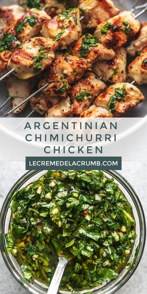 Easy and healthy Argentinian Chimichurri Chicken Recipe is a quick, simple and tasty family-friendly meal with tender chicken and zesty chimichurri sauce. Argentinian Chimichurri, Chimichurri Chicken, Chuck Steak, Chicken Skewers, Chicken Dishes Recipes, Recipes Chicken, Poultry Recipes, Chicken Dinner Recipes, International Recipes