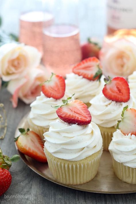 Cupcakes With Strawberry On Top, Strawberry And Vanilla Cupcakes, Strawberry Topped Cupcakes, Strawberry Rose Cupcakes, Strawberry Wedding Cupcakes, Cupcake With Strawberry On Top, Strawberry Cupcake Aesthetic, Vanilla Strawberry Cupcakes, Strawberry Cupcake Decorating Ideas