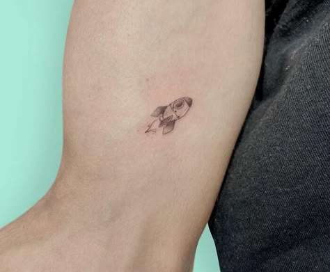 Rocket Tattoo Minimal Rocket Tattoo, Tiny Spaceship Tattoo, Small Rocket Tattoo Simple, Tiny Rocket Tattoo, Rocket Ship Tattoo Simple, Small Rocket Tattoo, Electrical Tattoo, Rocket Tattoo Design, Rocketship Tattoo