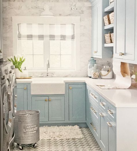 Penney & Company on Instagram: “Check out this oh-so-pretty laundry room by @jillian.harris in the latest issue of @styleathome magazine. As someone who has a blue painted…” Laundry Room Storage Shelves, White Laundry Rooms, Small Laundry Room Organization, Farmhouse Laundry Room, Laundry Room Remodel, Laundry Room Inspiration, Laundry Decor, Small Laundry Rooms, Small Laundry Room