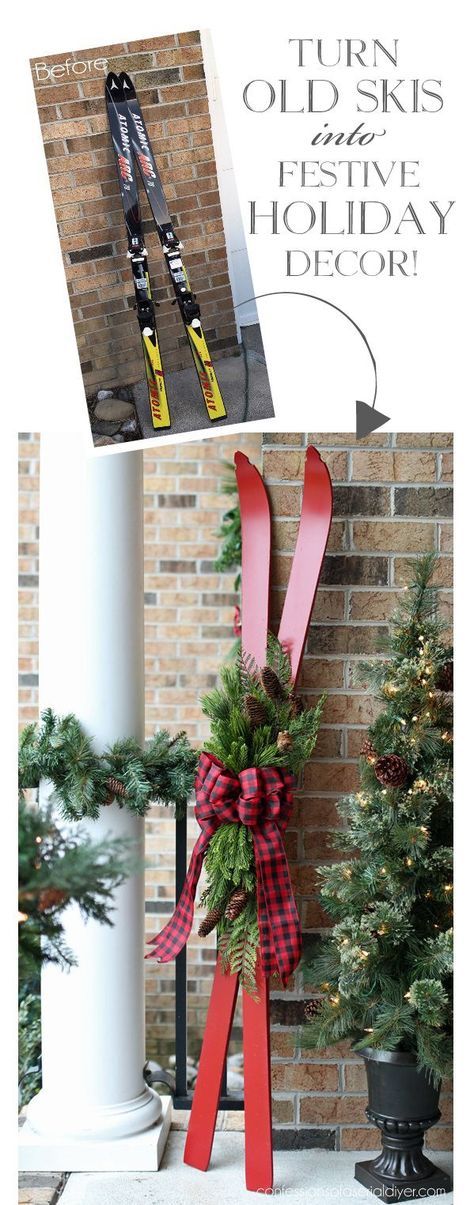 Turn old skis into festive holiday decor from confessionsofaserialdiyer.com Old Skis, Festive Holiday Decor, Christmas Porch, House Diy, Noel Christmas, Ikea Hacks, Country Christmas, Skis, Festive Holiday