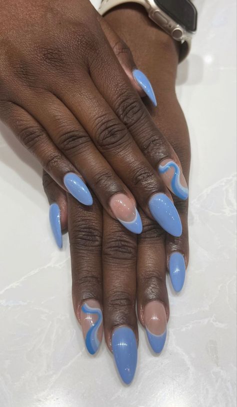 Costal Nail Ideas, Costa Rica Nails Designs, Blue And White Gel Nails, Ocean Nails Sea, Simple Blue Nails, Half Moon Manicure, White Almond Nails, Moon Manicure, White Gel Nails