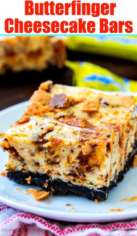 Butterfinger Cheesecake Bars are so creamy and easy to make! Butter Finger Dessert, Butterfinger Cheesecake, Fancy Deserts, Holiday Desert, Cream Cheese Oreo, Spicy Southern Kitchen, Banana Pudding Cheesecake, Cheesecake Bar Recipes, Southern Kitchen