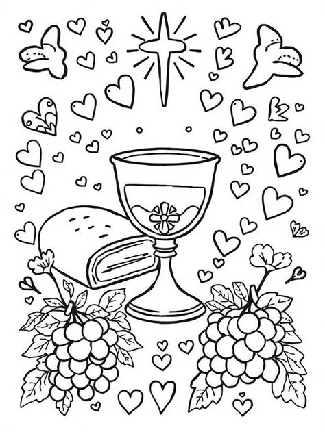 Eucharist Coloring Page, Communion Bread And Wine, Catholic Coloring Pages, Communion Bread, Bible Verses About Relationships, Free Bible Coloring Pages, Cross Coloring Page, Bread And Wine, Catholic Schools Week