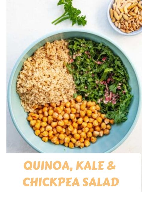 Easy, healthy quinoa salad with kale and chickpeas. Once you try this recipe, it's sure to become your go-to quinoa salad! Kale Chickpea Salad, Kale And Chickpeas, Kale Chickpea, Quinoa Salad Recipes Easy, Healthy Quinoa Salad, Easy Quinoa Salad, Instant Pot Quinoa, Chicken Quinoa Salad, Quinoa Kale