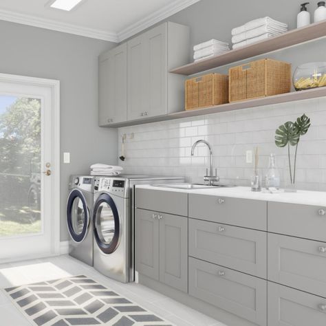 Gracious Gray Laundry Room – Laundry Room – The Home Depot Home Depot Laundry Room Cabinets, White And Grey Laundry Room, Gray Laundry Room Ideas, Grey And White Laundry Room, Grey Laundry Room Ideas, Laundry Colours, Gray Laundry Room Cabinets, Grey Laundry Room, Ikea Laundry Room Cabinets