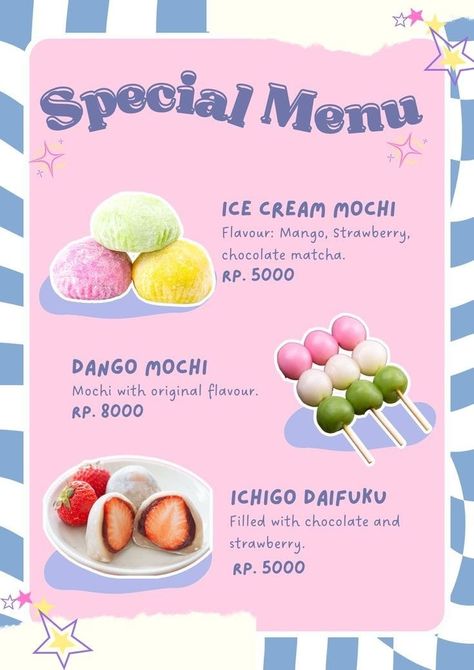 Pastel Menu Design, Menu Design Dessert, Y2k Menu Design, Mochi Aesthetic Food, Design Menu Makanan, Menu Aesthetic Design, Menu Design Aesthetic, Aesthetic Menu Design, Aesthetic Flyer Design