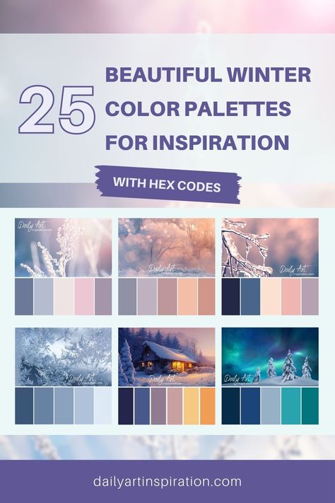 25 Color palettes with winter colors inspired by nature. You can find the hex codes below the images so you can quickly and easily copy them and start using them. Winter Party Color Schemes, Navy Blue And White Color Palette, Temperature Color Palette, January Color Palette 2025, Winter Colors 2024, Winter Wonderland Color Palette, Winter Pallet Color, Cold Colour Palette, Frozen Color Palette