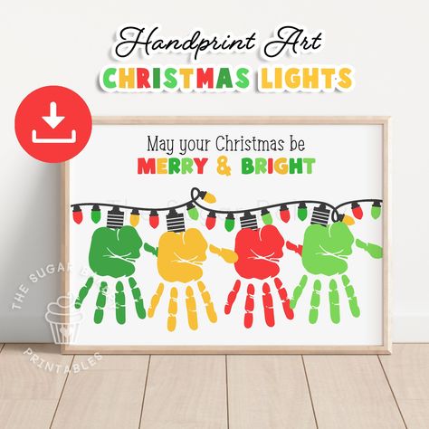 Handprint Christmas Lights, Art Preschool Activities, Christmas Lights Craft, Yellow Christmas Lights, Christmas Handprint Art, Hand Print Tree, Christmas Handprint, Yellow Christmas, Art Preschool