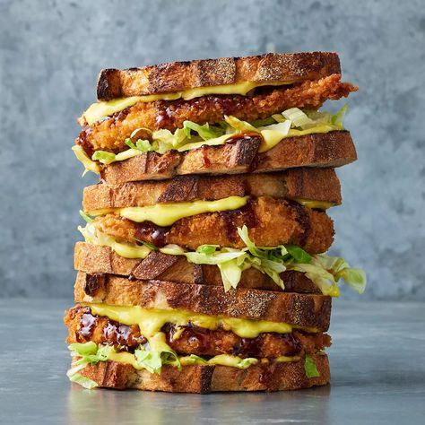 Inspired by the moreish flavours of Japanese chicken katsu, this sandwich is full of crunch. It's topped with iceberg lettuce, mayonnaise and tonkatsu sauce for the ultimate bite. Sourdough Chicken, Japanese Chicken Katsu, Asian Pork Meatballs, Egg Mayonnaise, Tonkatsu Sauce, Japanese Chicken, Chicken Katsu, Asian Pork, Pork Meatballs