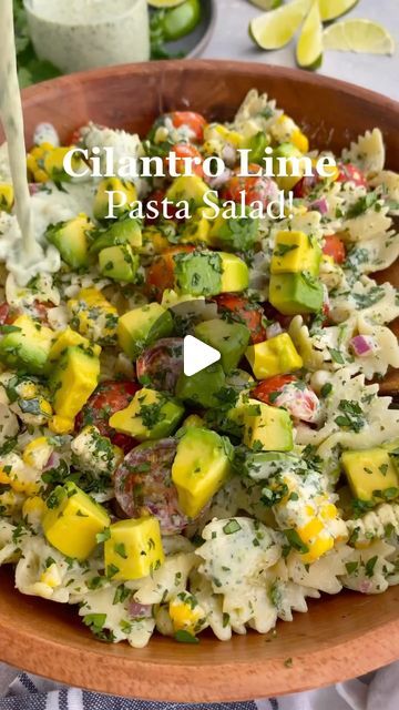 Healthy Recipes on Instagram: "CILANTRO LIME PASTA SALAD!😍 By @kalefornia_kravings  Featuring fresh seasonal veggies & avocado all tossed in a zesty cilantro-lime dressing! It’s simple, refreshing & perfect for summer!😎 (Try it with a sprinkle of cotija too - it’s SO GOOD!👌🏻) .  For the pasta salad: 16 oz. bow tie pasta, cooked and cooled (or your favorite pasta) 1½ cups corn kernels (about 2 ears of corn)* 1½ cups cherry tomatoes, halved ½ of a small red onion, chopped or thinly sliced 2 Tbsp cilantro, finely chopped 1-2 avocados, diced Cotija cheese, crumbled (optional) For the dressing: (see the Notes section for variations) ½ cup plain Greek yogurt ¼ cup fresh lime juice ¼ cup cilantro, roughly chopped (leaves & stems are ok) 2 garlic cloves ½ tsp salt ⅛ tsp cayenne Instructions Ma Cilantro Lime Pasta Salad, Cilantro Lime Pasta, Lime Pasta Salad, Lime Pasta, Bow Tie Pasta, Dash Diet Recipes, Cilantro Lime Dressing, Cotija Cheese, Bowtie Pasta