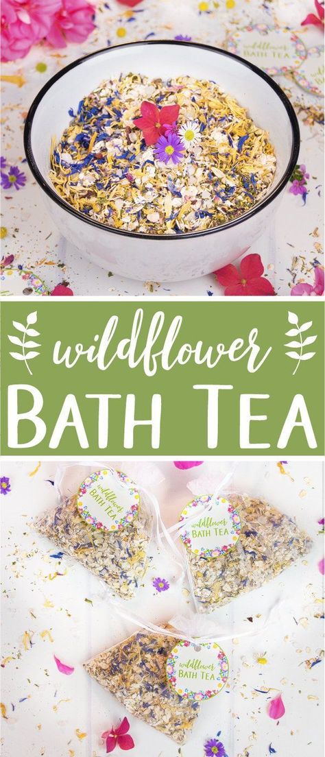 Natural Bath Tea Recipe. A fragrant wildflower bath tea is a great way to relax and care for your skin. This all-natural and vegan bath tea is made with rolled oats, dead sea salt, dried herbs and flowers, and essential oils. The bath tea is a great skincare product year-round and a lovely addition for a spa day at home. It also makes the perfect relaxing gift for someone special. The beauty DIY includes printable labels for packaging and gifting. #bathtea #skincare #essentialoils #giftgiving Dried Flower Bath, Bath Tea Recipe, Bath Teas, Tub Tea, Vegan Bath Products, Natural Hair Mask, Herbs And Flowers, Bath Tea, Herbal Bath