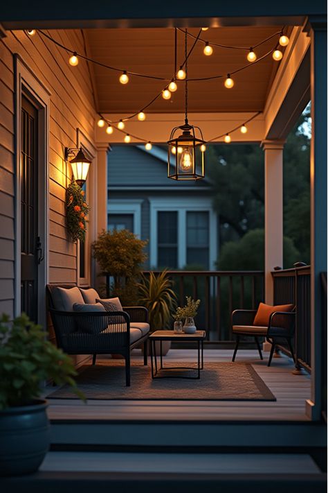 Dusk view of gray porch with modern furniture and warm lighting Back Porch Color Ideas Paint, Gray Porch Paint, Porch Color Ideas Paint, Porch Color Ideas, Gray Porch, Porch Materials, Concrete Front Porch, Porch Paint, Paint Trends